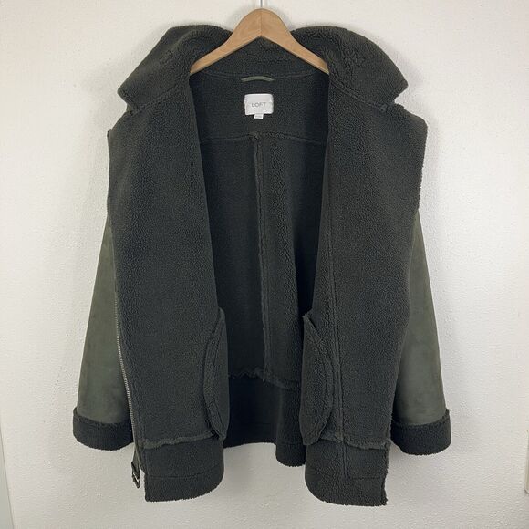LOFT Faux Suede Shearling Aviator Coat Womens Plus Size XXL Olive Green - Picture 3 of 8